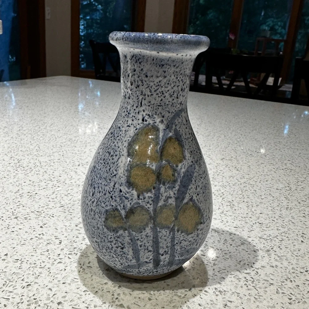 Vintage Blue Speckled Studio Pottery Vase with Floral Detail - Picture 1 of 7